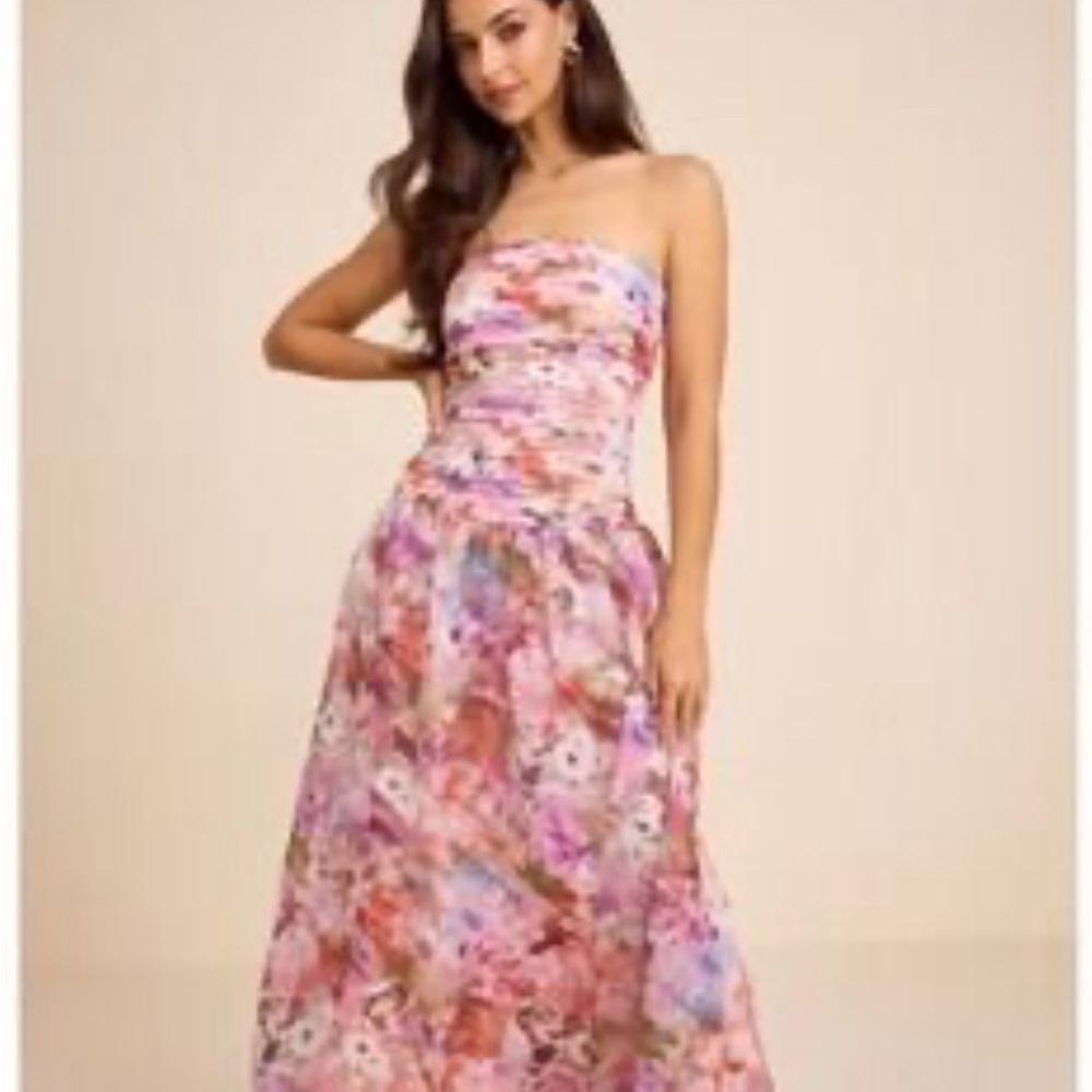 Lulus Casandra Multiflora Organza Drop Waist Maxi Dresss Size S NWT
